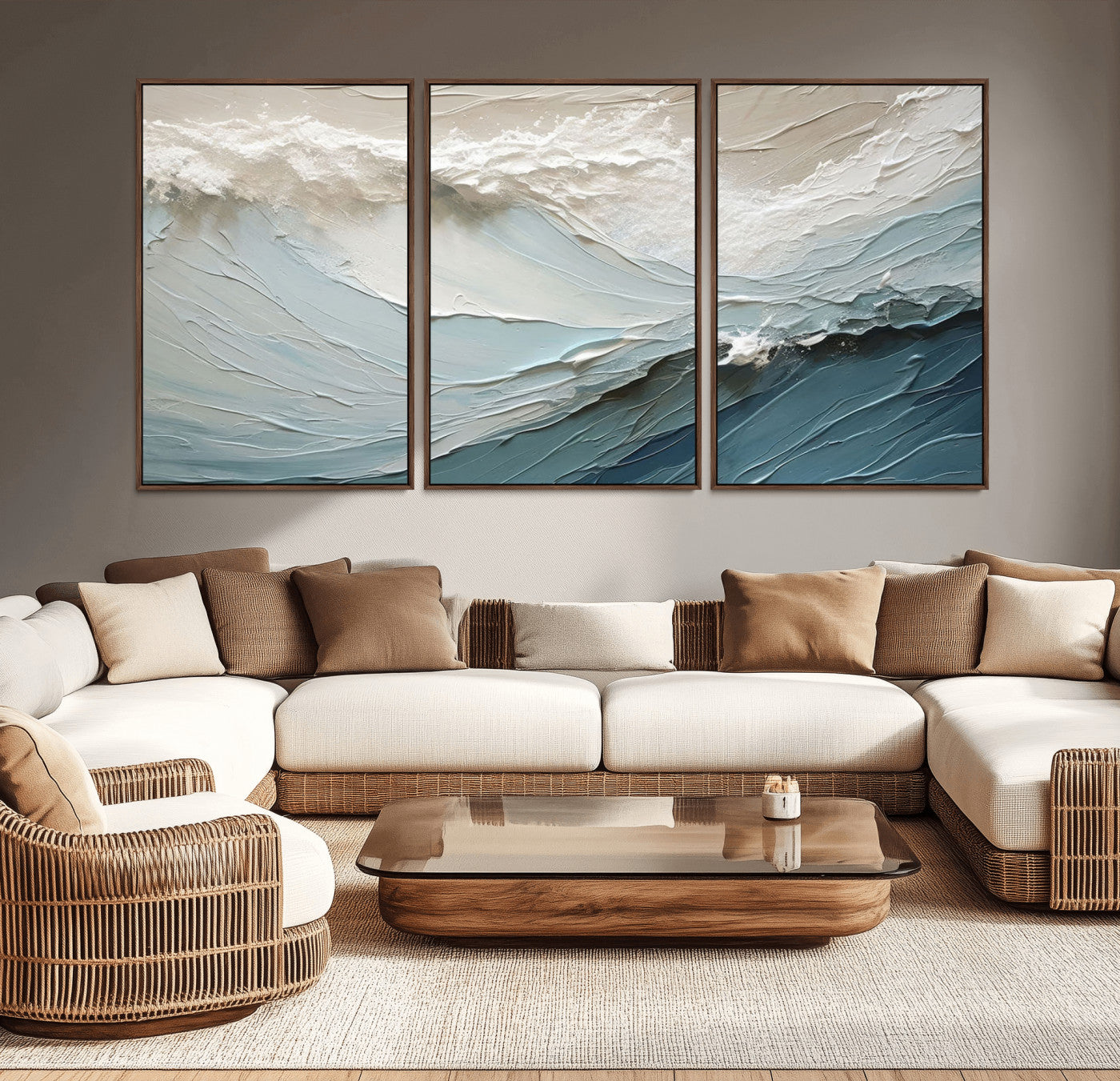 Textured canvas of ocean waves in soft coastal blues and creamy whites, ideal for modern or minimalist coastal-style interiors.