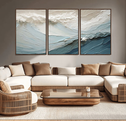 Textured canvas of ocean waves in soft coastal blues and creamy whites, ideal for modern or minimalist coastal-style interiors.