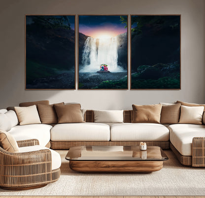 Romantic scene of Stitch and Angel sitting under a leaf in front of a glowing waterfall, ideal for tropical or fantasy-themed decor.