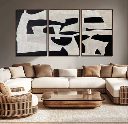 Minimalist black and white canvas featuring bold abstract textures and geometric shapes, ideal for modern neutral decor.