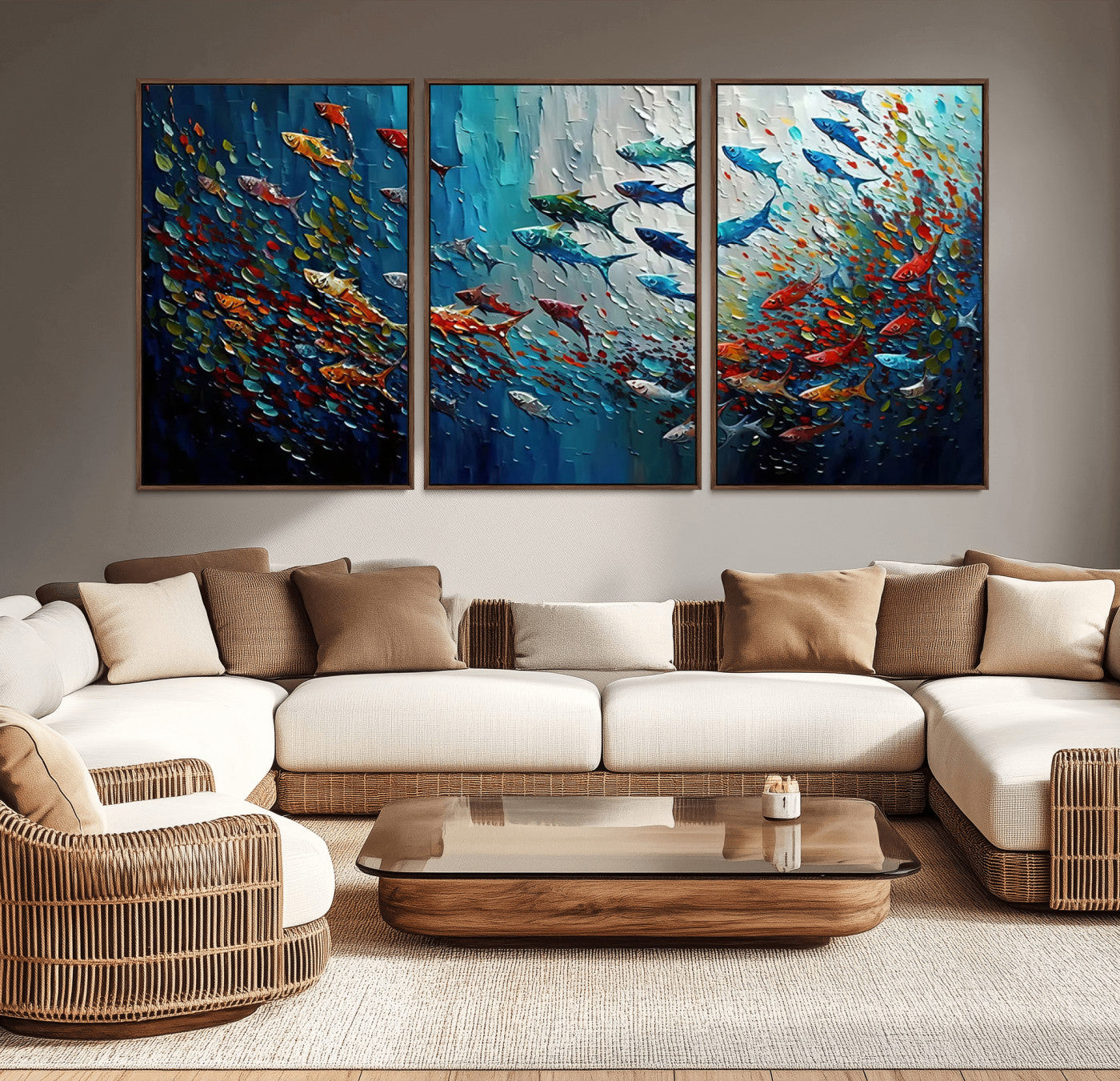 Colorful painting of fish swimming in abstract ocean swirls, perfect for vibrant marine-themed or expressive coastal home decor.