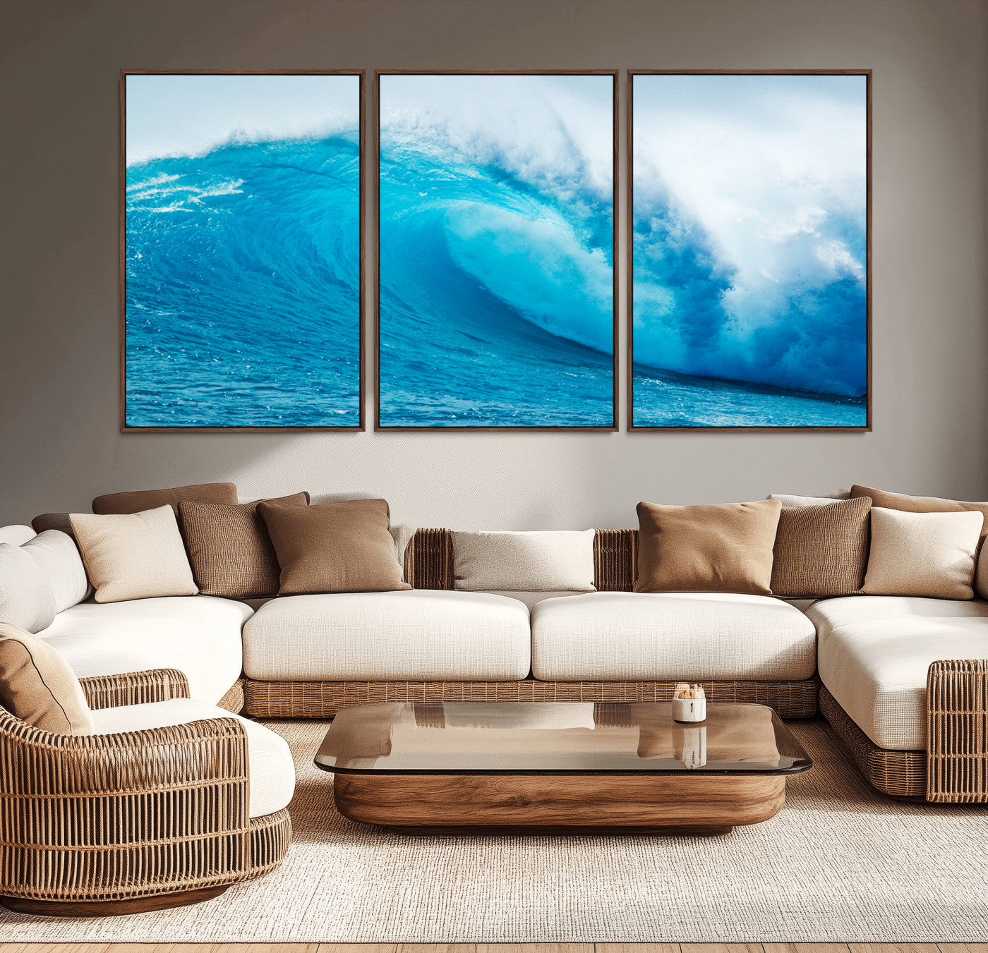 Vibrant canvas of a powerful curling ocean wave in tropical blue tones, perfect for coastal or surf-inspired decor settings.