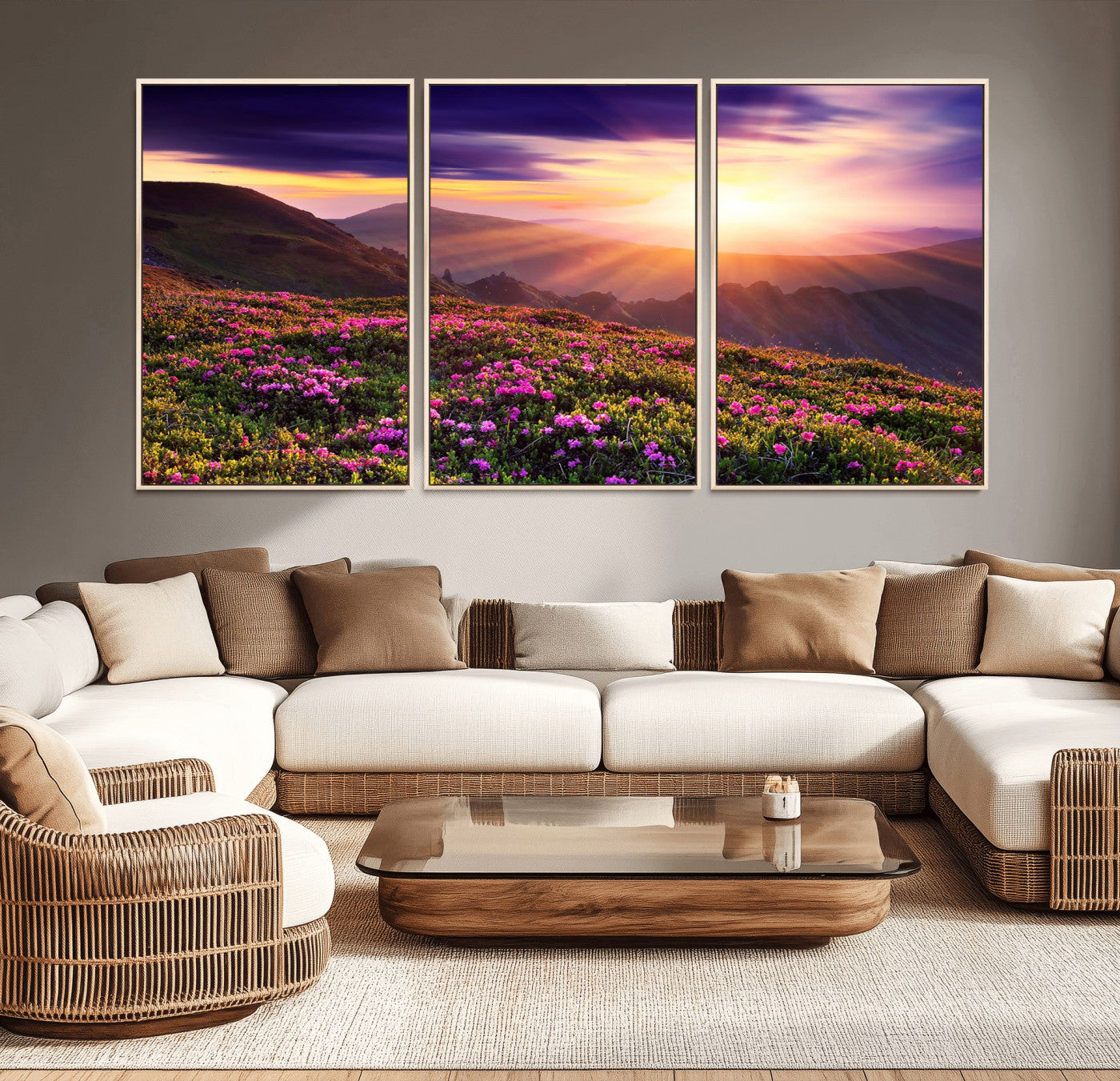 -Mountain Sunrise Wall Art – Vibrant Floral Landscape Canvas Print, Nature Home Decor for Living Room, Bedroom Office or Cabin
