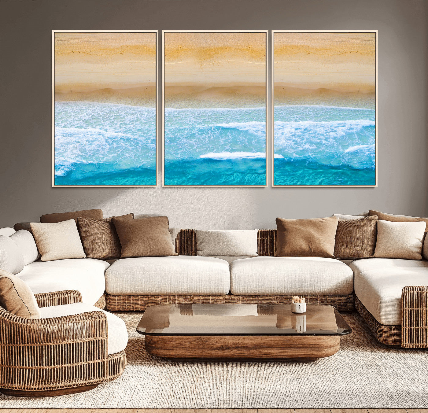 -Aerial Beach Wall Art – Serene Ocean Waves & Sandy Shore Canvas Print, Coastal Home Decor for Living Room, Bedroom or Office
