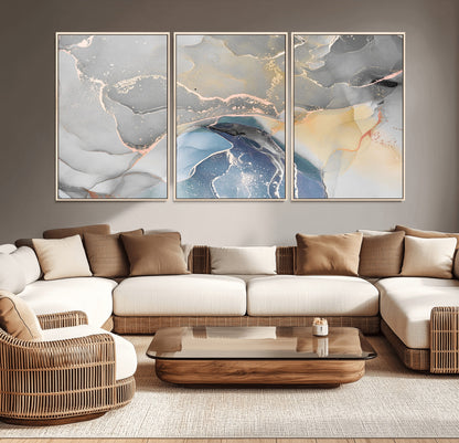 -Abstract Fluid Art Wall Decor – Blue, Gray & Gold Canvas Print, Modern Home and Office Wall Art Decor for Living Room, Bedroom or Workspace