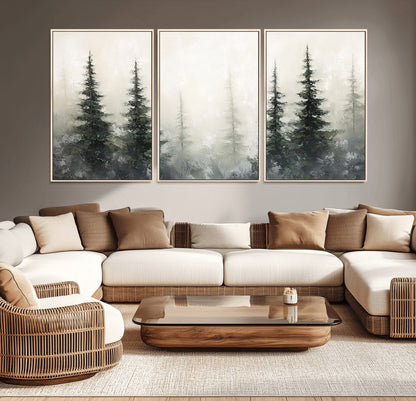 Soft and misty pine forest painting in neutral earthy tones, ideal for calm woodland or minimalist rustic home decor.
