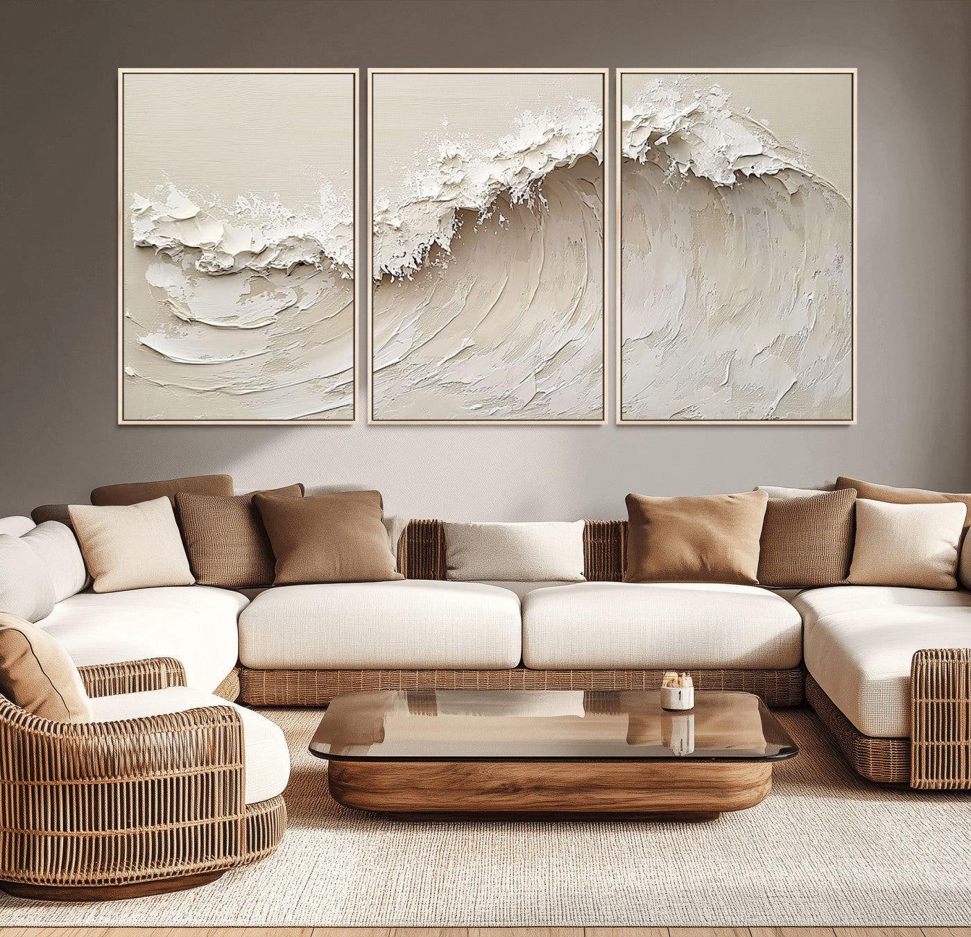 Textured canvas of an abstract white ocean wave in neutral tones, ideal for modern coastal or minimalist home decor.