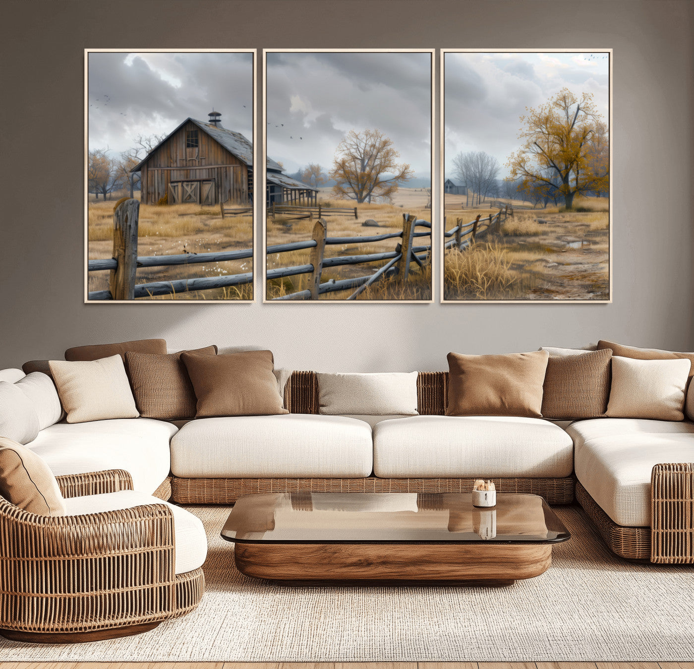 A tranquil rural scene featuring a rustic barn, overcast skies, and golden fields with scattered trees, evoking a sense of peaceful solitude in nature.