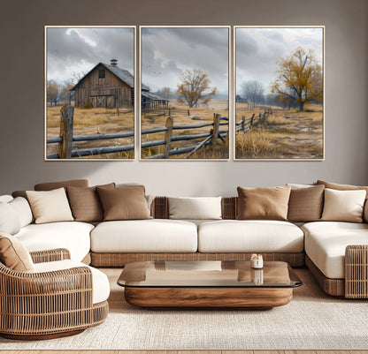 A tranquil rural scene featuring a rustic barn, overcast skies, and golden fields with scattered trees, evoking a sense of peaceful solitude in nature.