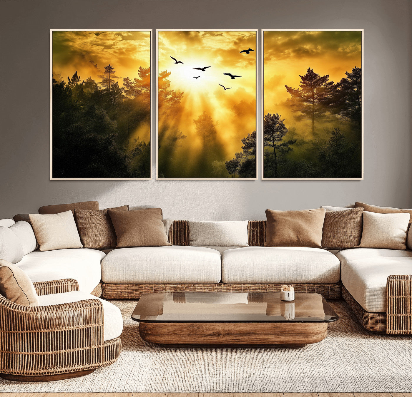 Canvas of a golden forest at sunset with birds flying through glowing sunbeams and silhouetted pine trees, ideal for warm-toned rustic decor.