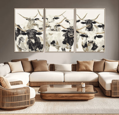 Canvas of a Texas Longhorn cattle herd in neutral black and white tones, ideal for rustic farmhouse or western-themed decor.