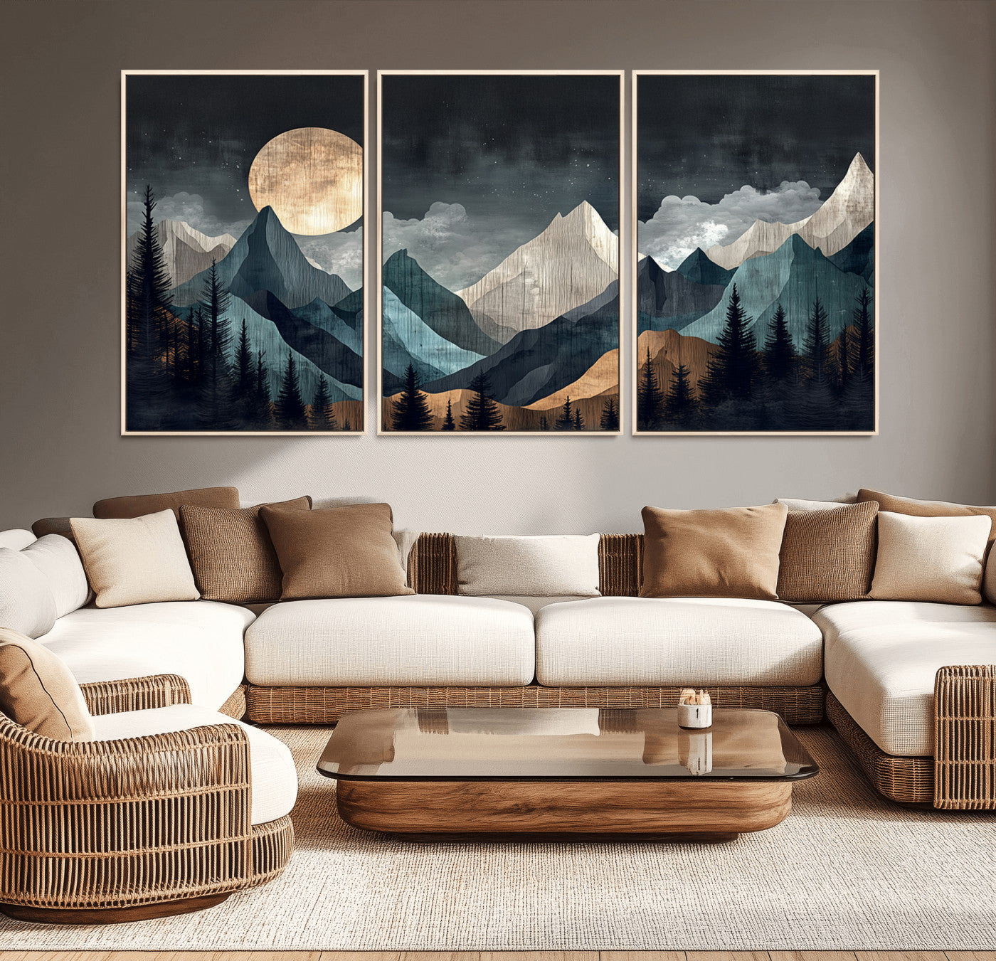 Stylized canvas of layered mountains under a full moon in neutral moody tones, ideal for nature-inspired or modern rustic interiors.