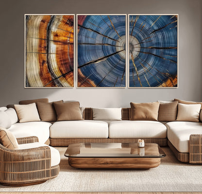 A stunning close-up view of a tree trunk, showcasing the intricate growth rings in a vibrant mix of warm browns, cool blues, and hints of natural texture.