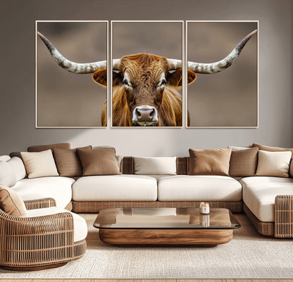 Close-up of a Texas Longhorn with strong curved horns and warm brown tones, perfect for rustic or western-style wall decor.