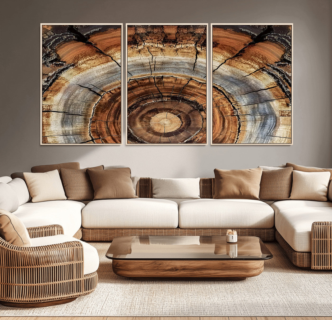 Canvas of tree rings and natural wood grain in earthy tones, ideal for rustic or vintage-inspired home decor with organic textures.