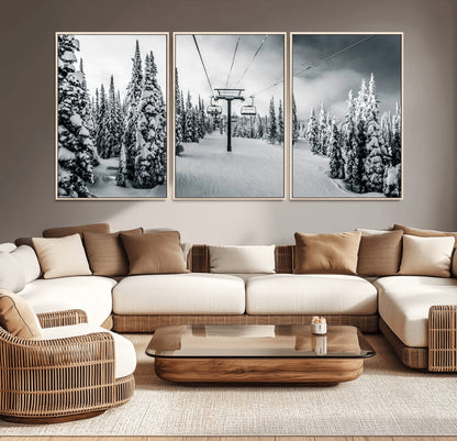 Canvas of a snowy ski lift scene through a forest of tall pine trees, ideal for moody winter or alpine-themed home decor.
