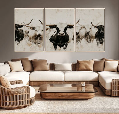 Illustrated herd of longhorn cattle in black and white tones with a neutral textured background, perfect for rustic or farmhouse-style decor.