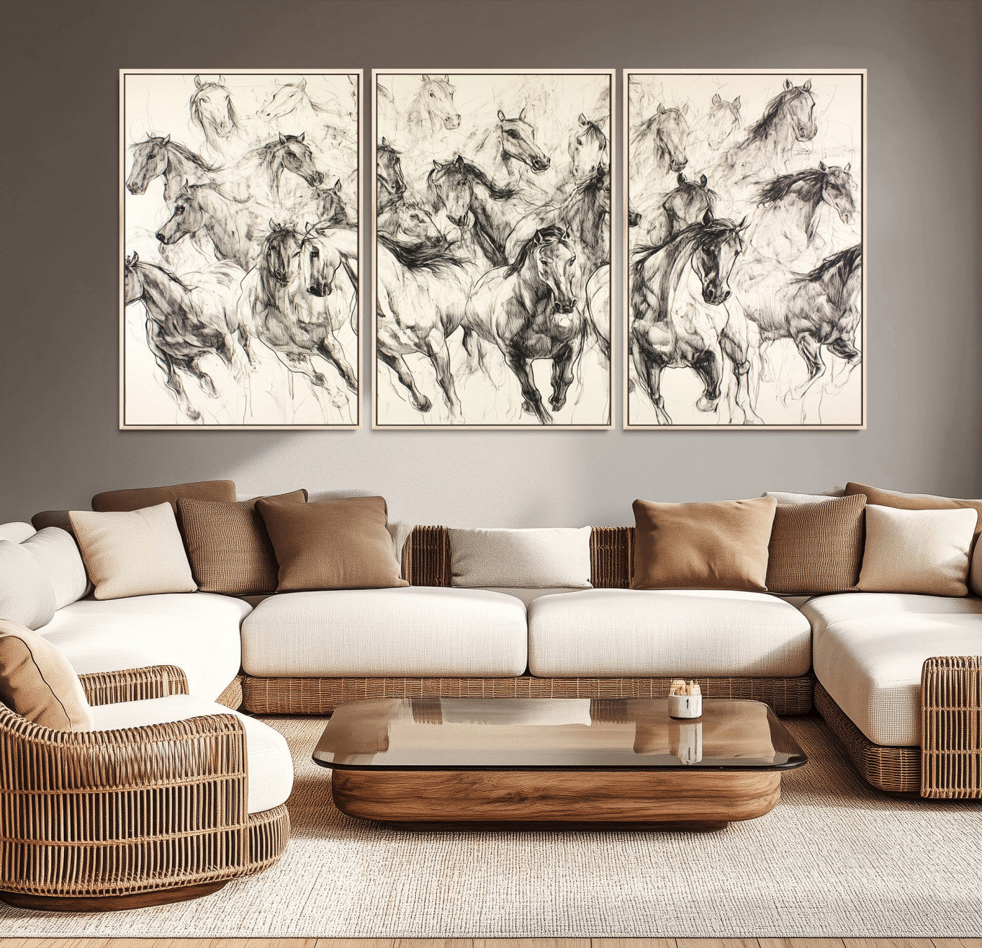 Monochrome ink sketch of galloping horses in dynamic motion, perfect for western or equine-themed wall decor with bold artistic energy.