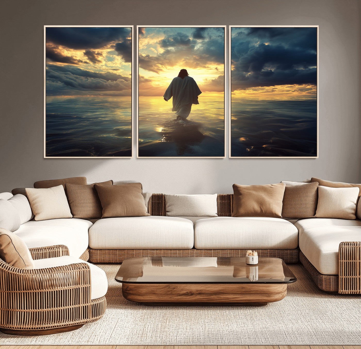 Spiritual artwork of Jesus walking on water at golden hour with divine light, ideal for Christian home decor or prayer room.