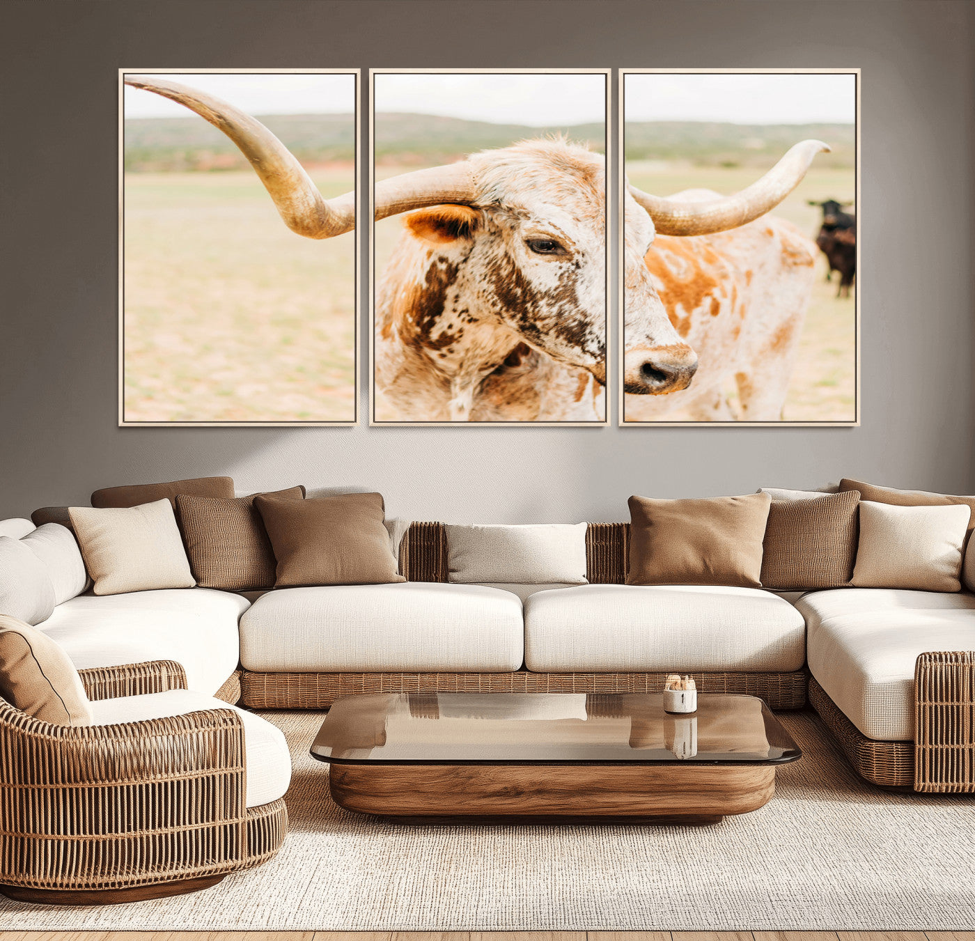 Close-up of a speckled Texas Longhorn in warm prairie tones, perfect for rustic western or countryside-themed room decor.