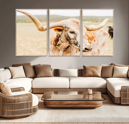 Close-up of a speckled Texas Longhorn in warm prairie tones, perfect for rustic western or countryside-themed room decor.