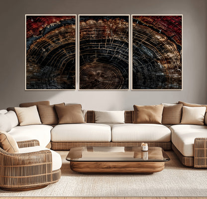 Dark Wood Wall Art Print - Petrified Tree Canvas Print, featuring an intricate tree ring pattern with deep earthy tones and organic textures, perfect for rustic and nature-inspired decor.