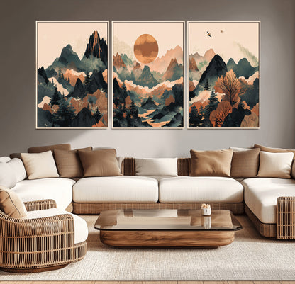 Mountain Landscape Wall Art Print - Sunset Hills Canvas Print, featuring an abstract nature scene with earthy tones and misty peaks, perfect for boho and modern decor.