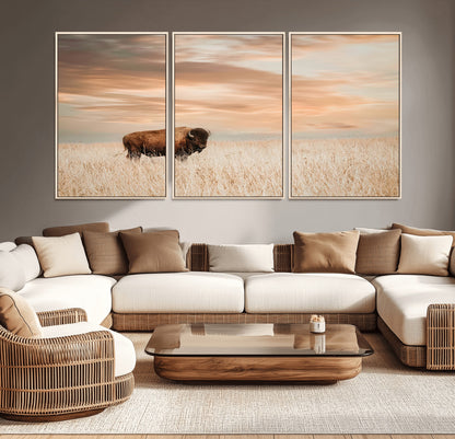 Bison Wall Art Print - Buffalo Canvas Print, featuring a lone bison in a golden prairie under a warm sunset sky, perfect for rustic and farmhouse decor.