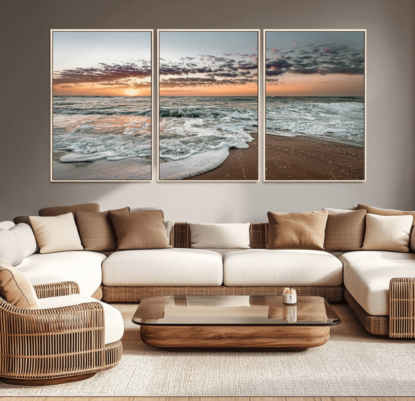 Ocean Sunset Wall Art Print - Beach Waves Canvas Print, featuring a serene seascape with golden sunlight reflecting on gentle waves, perfect for coastal and minimalist decor.