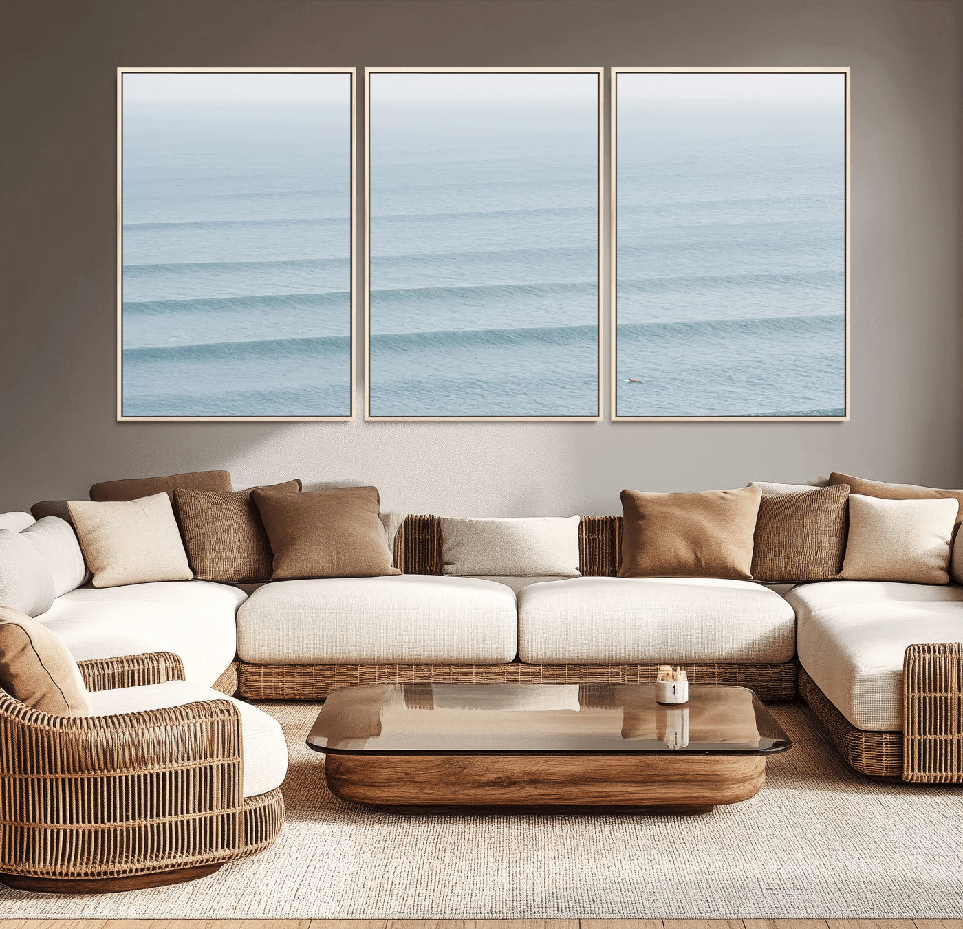 Framed canvas of repeating ocean waves with a distant solo surfer, ideal for minimalist ocean or calm coastal wall decor.