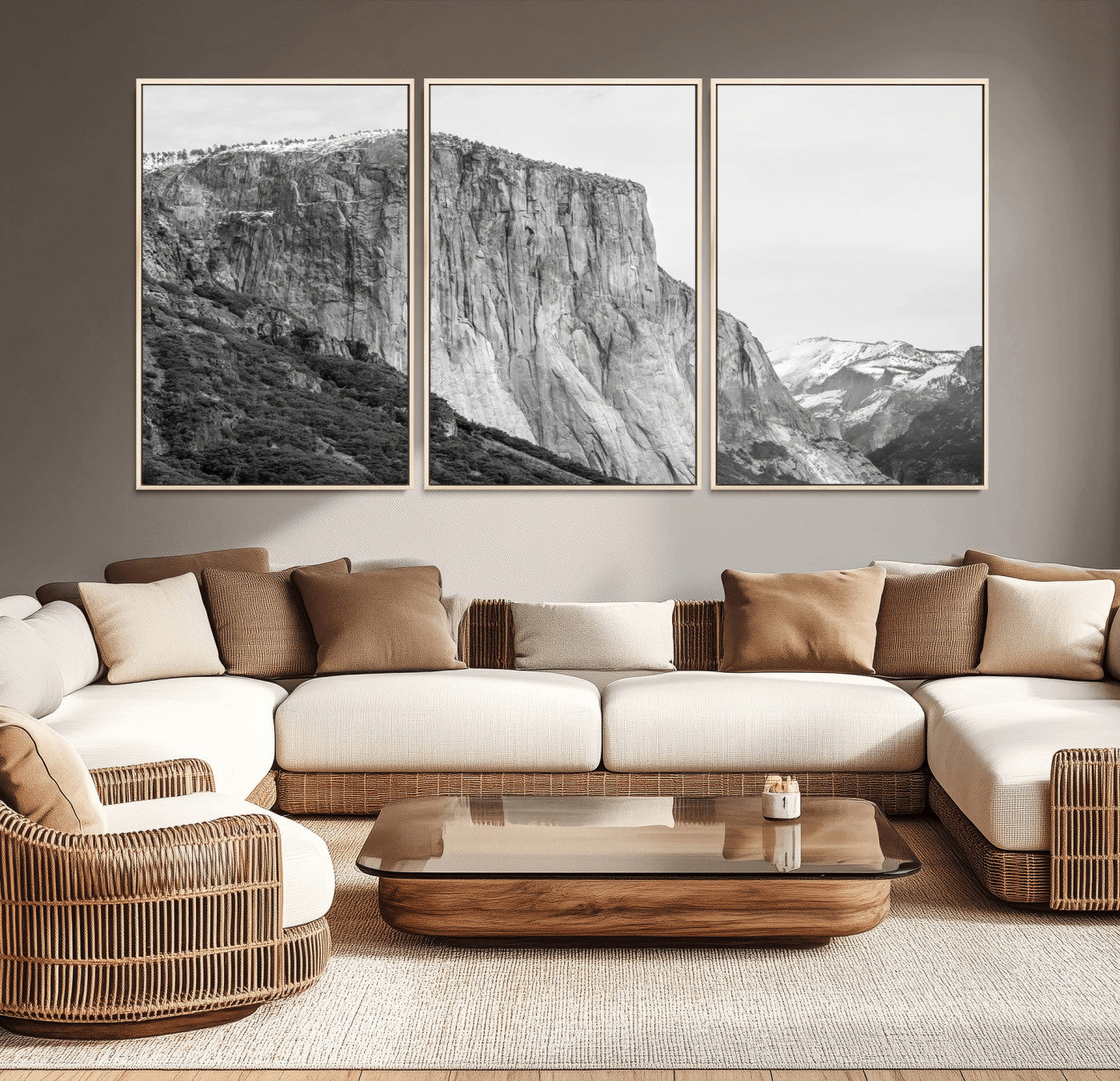 Monochrome canvas of El Capitan’s granite wall in Yosemite with snowy peaks, ideal for dramatic mountain or black-and-white nature decor.