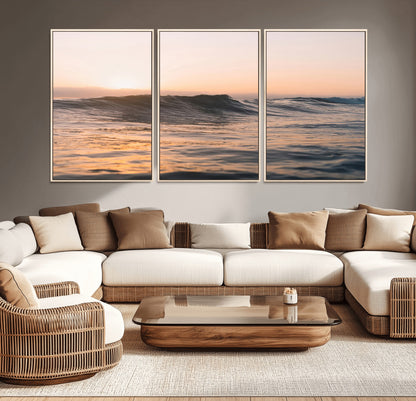 Framed canvas of ocean waves glowing in sunset light, ideal for golden hour calm or peaceful coastal-inspired wall decor.
