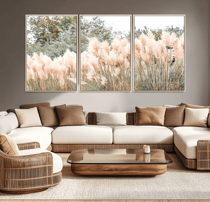 Soft pastel pampas grasses in a natural setting, ideal for neutral boho or rustic botanical-style interior wall decoration.