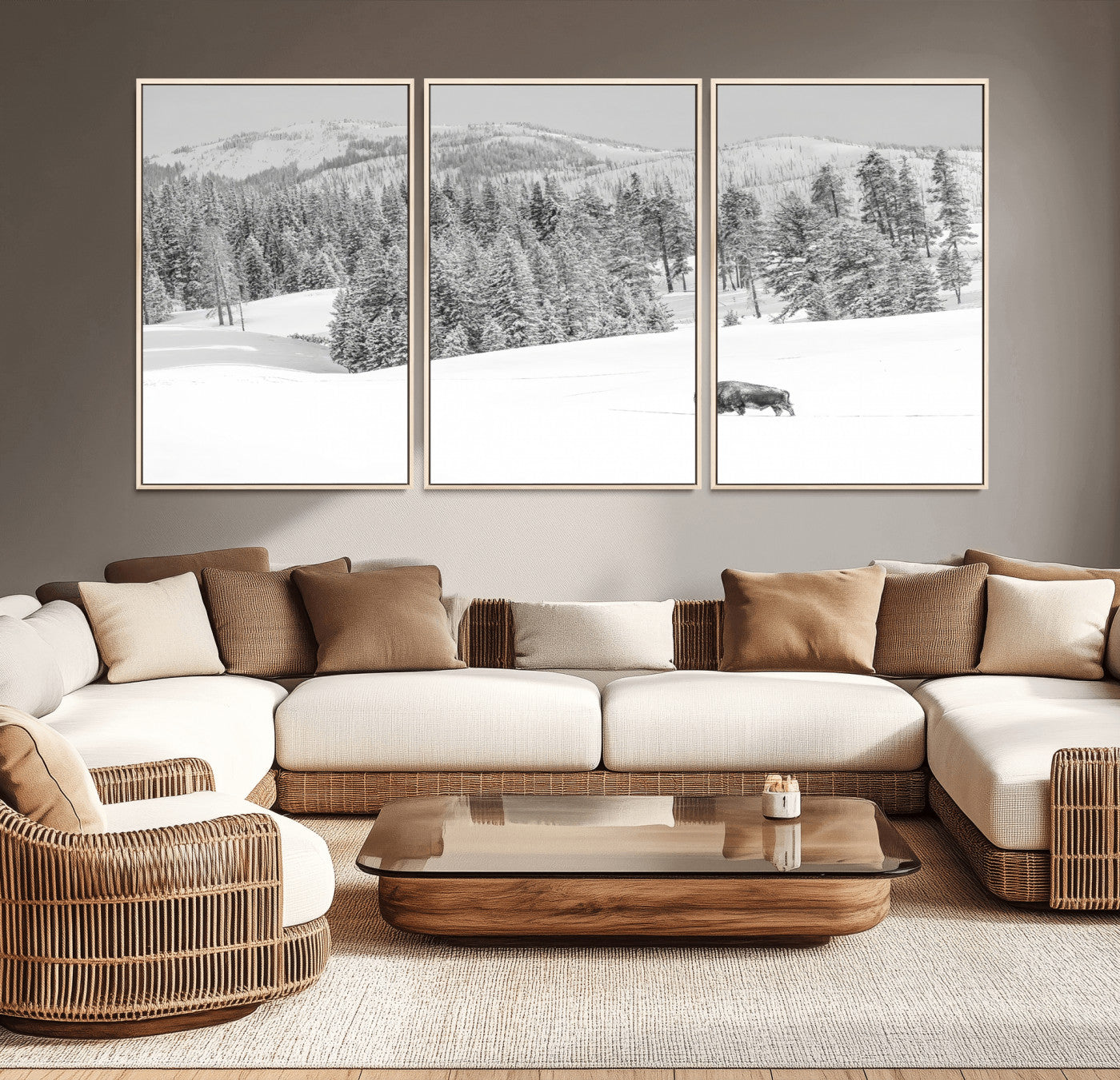 Snowy bison walking through white forest landscape, ideal for monochrome winter or wilderness-style interior wall decoration.
