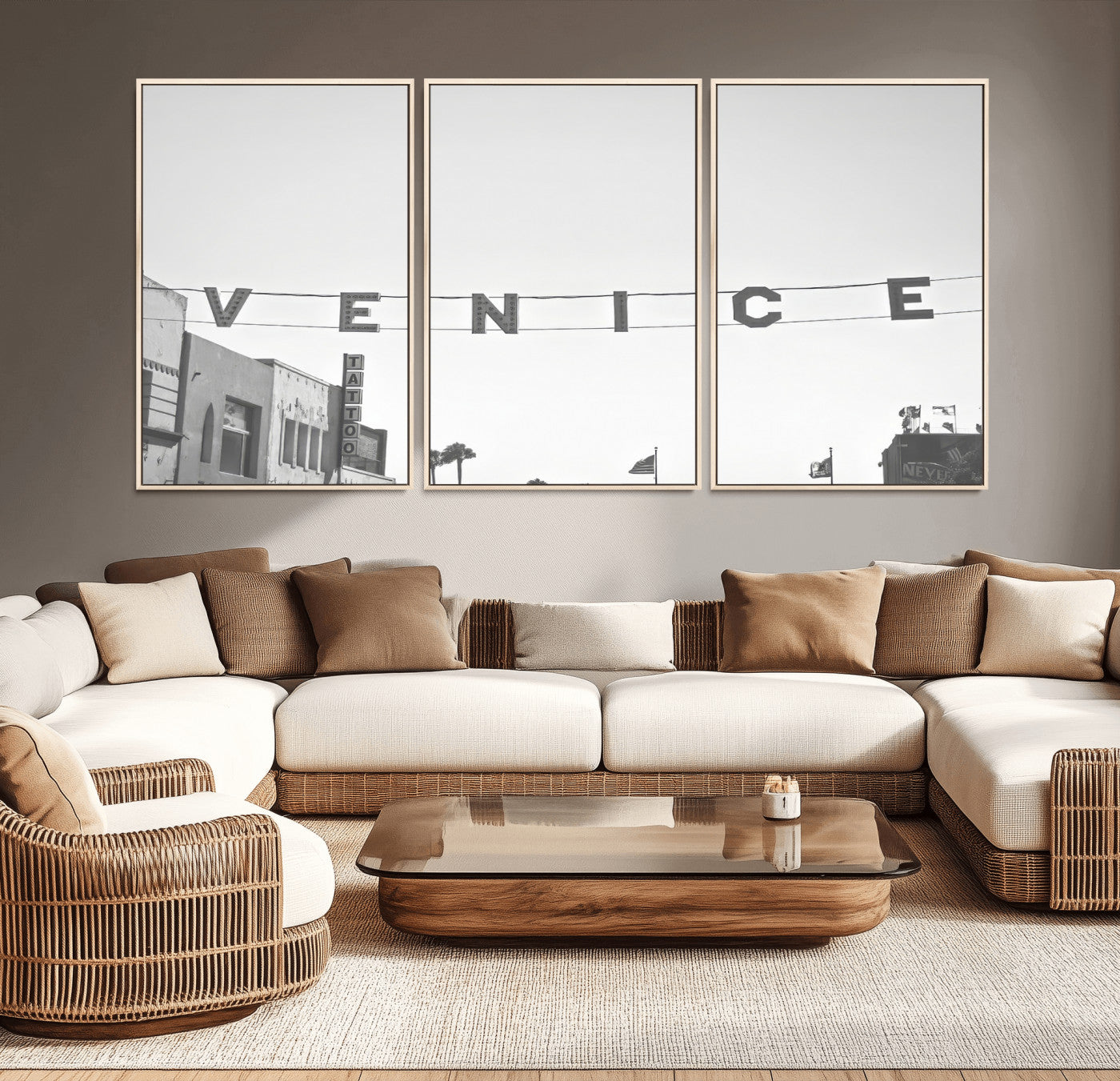 Black and white photo of Venice Beach sign and palm-lined street, perfect for urban coastal or minimalist LA-inspired wall decoration.