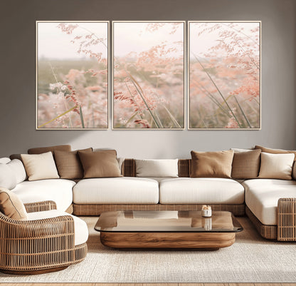 Soft pastel field with wild grasses in warm light, ideal for minimal nature or airy countryside-inspired interior wall decoration.