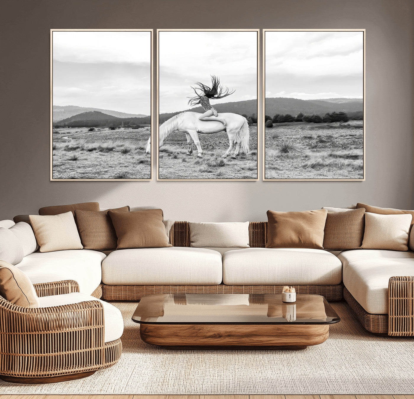 Black and white photo of a woman on a white horse in moody tones, ideal for Western Boho or modern rustic-style home decor.