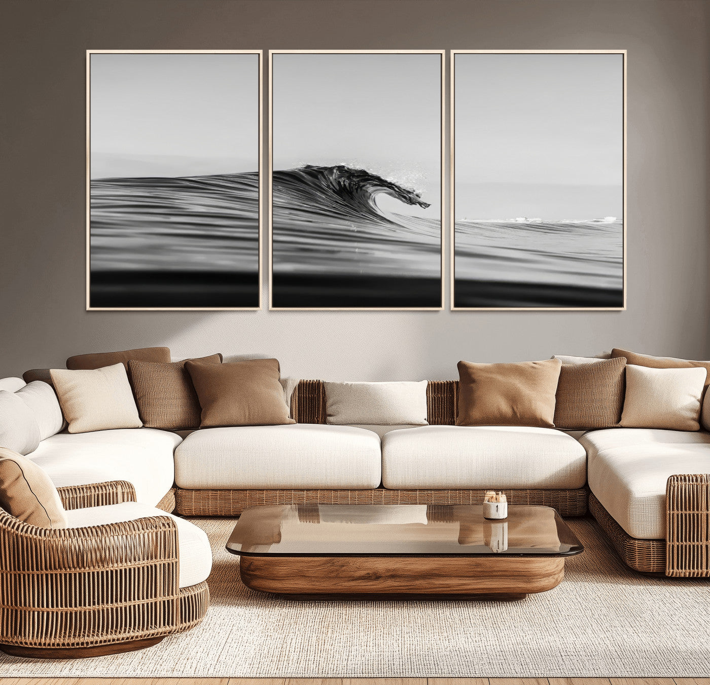 Striking black and white photo of a curling wave, ideal for modern coastal or minimalist wall decor settings.