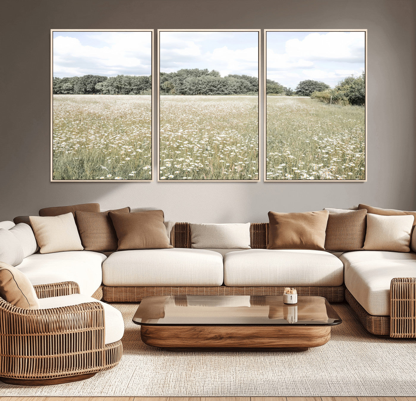 Soft-toned image of a wild daisy field under a cloudy sky, ideal for neutral or Scandinavian-inspired home decor.