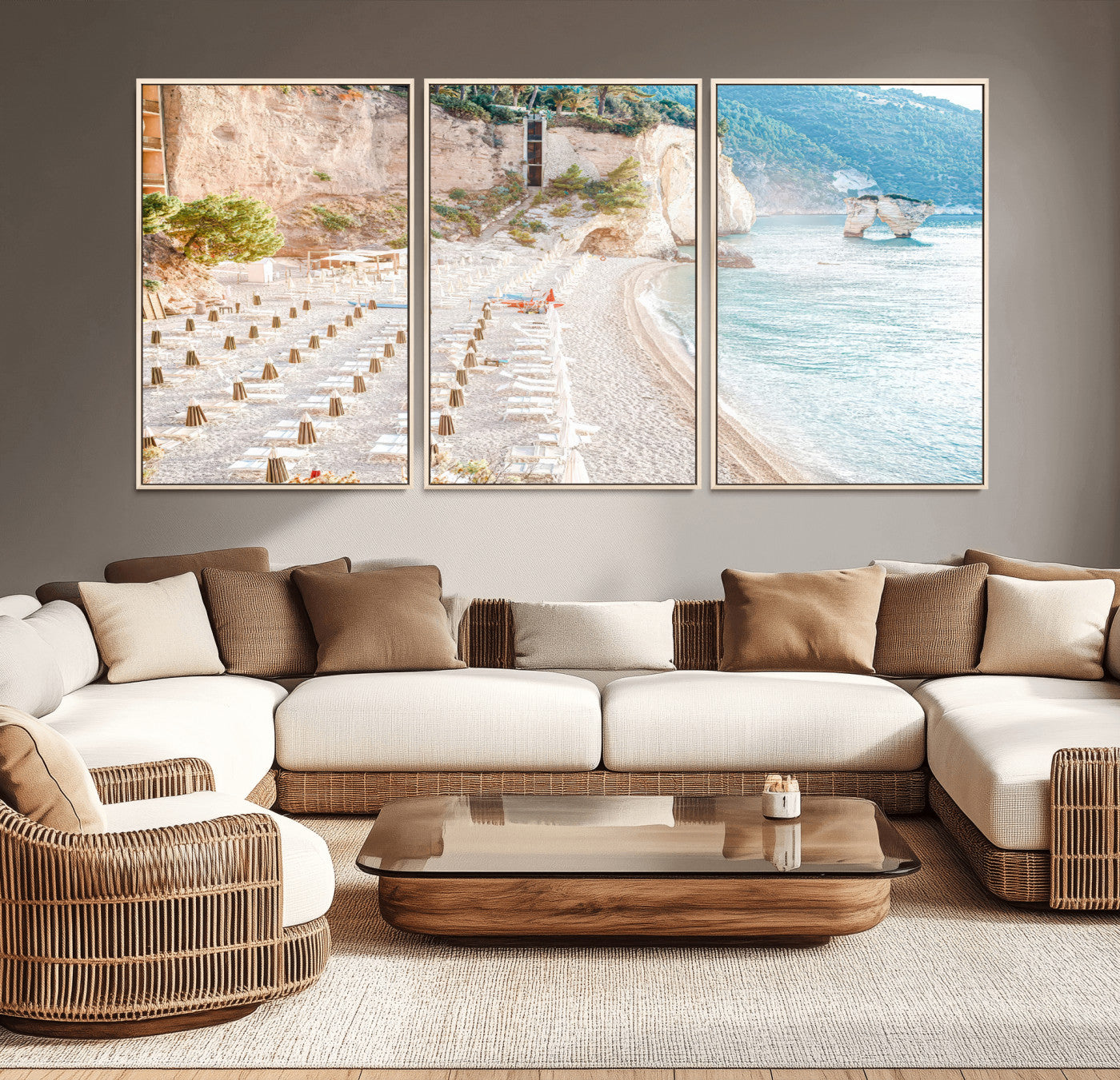Wall art of a calm Mediterranean beach with rows of sun loungers and umbrellas in soft pastel tones, perfect for light coastal or vacation-themed decor.