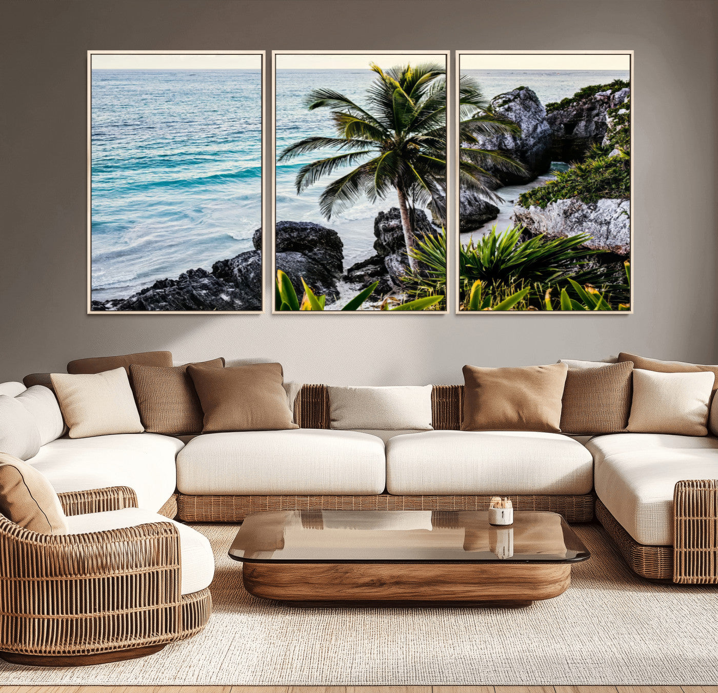 Framed canvas of a vibrant tropical coastline with palm trees, rocky cliffs, and turquoise waters, ideal for tropical coastal home decor.