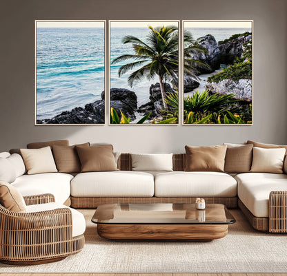 Framed canvas of a vibrant tropical coastline with palm trees, rocky cliffs, and turquoise waters, ideal for tropical coastal home decor.