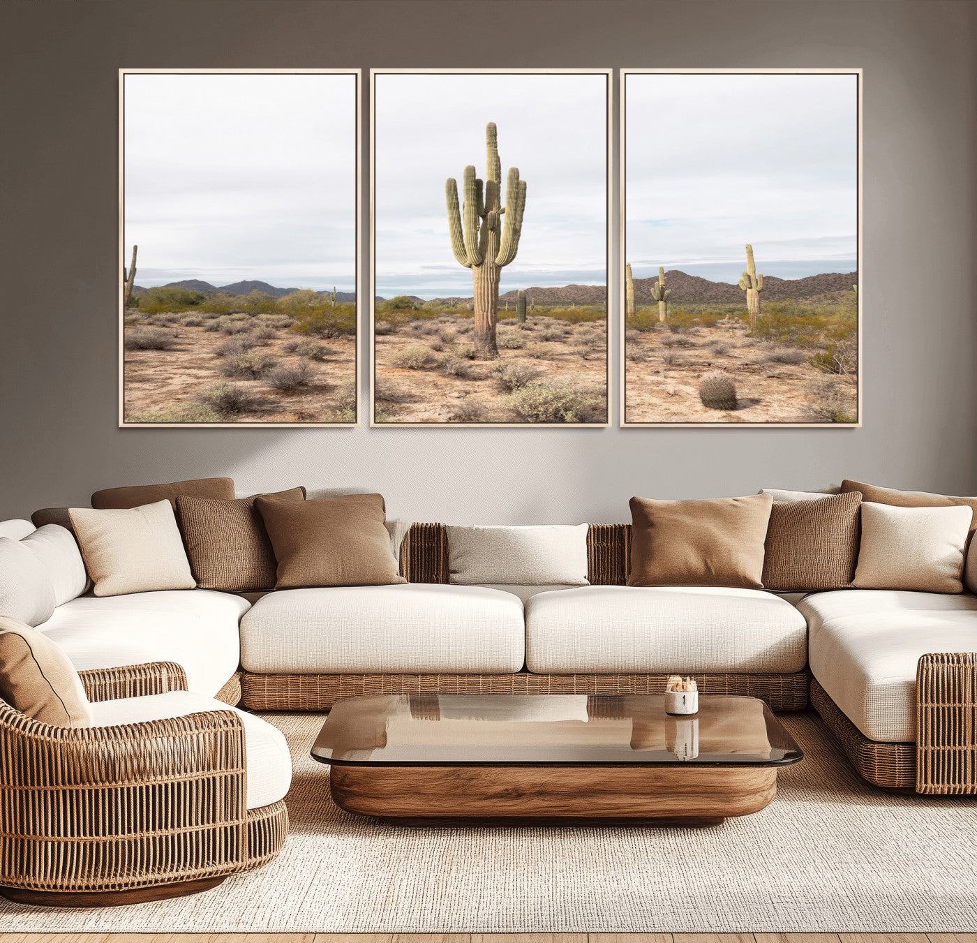 Canvas of a saguaro cactus in an earthy Sonoran desert landscape, ideal for Southwestern Boho or desert minimalism inspired home decor.   2/2