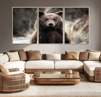 Canvas of a brown bear in soft earthy tones and moody forest light, ideal for rustic cabin or woodland nature-themed home decor.