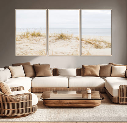 Canvas of soft beach dunes and coastal grasses in neutral tones, perfect for Scandinavian coastal or minimalist nature-inspired home decor.   2/2