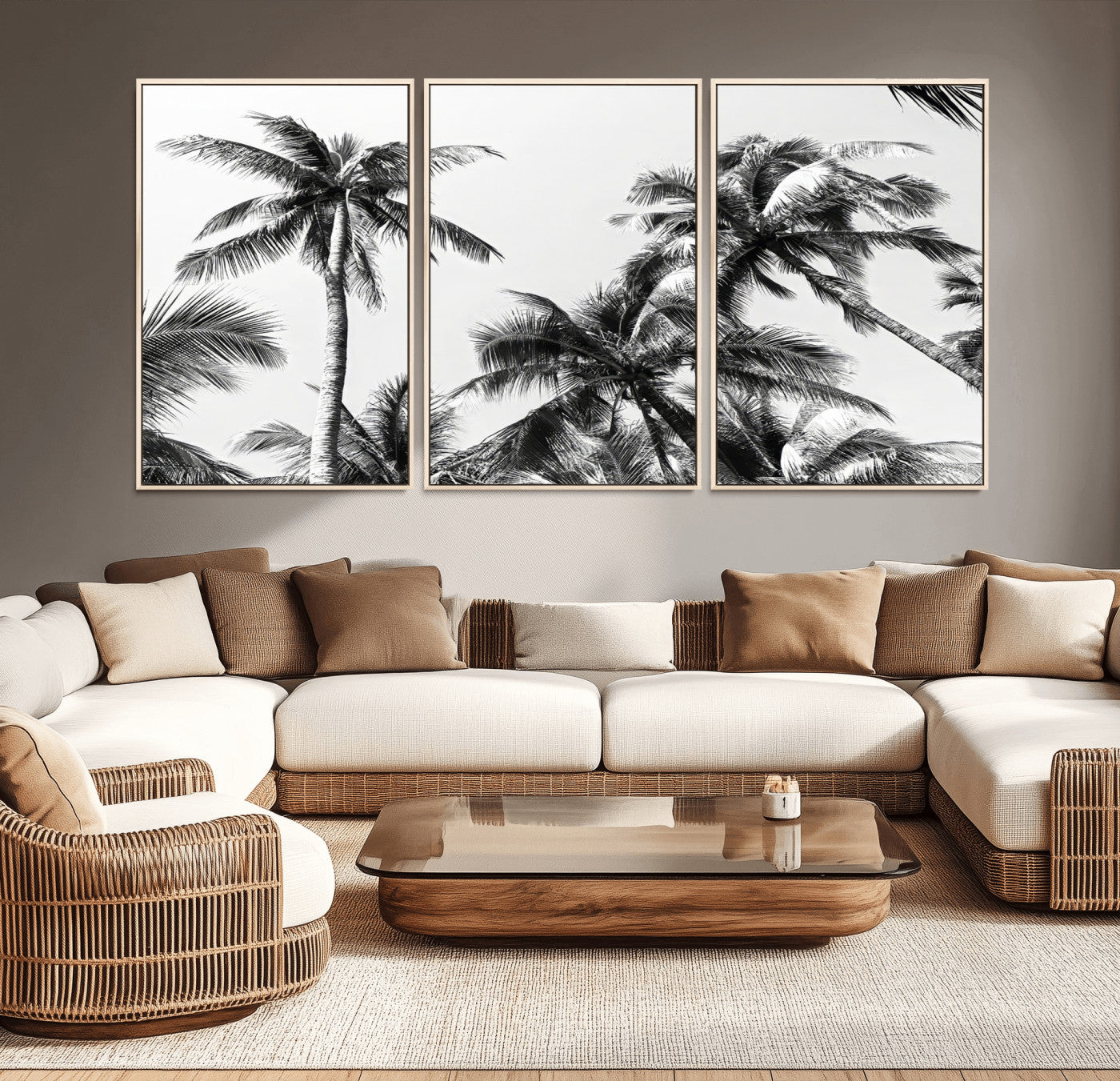 Black and white canvas of tall palm trees in moody tones, perfect for modern tropical minimalist or coastal-style home decor.