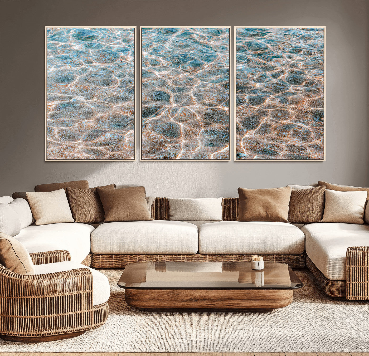 Close-up of sunlit ocean ripples with aqua blue and golden tones, ideal for modern coastal or minimalist home decor.