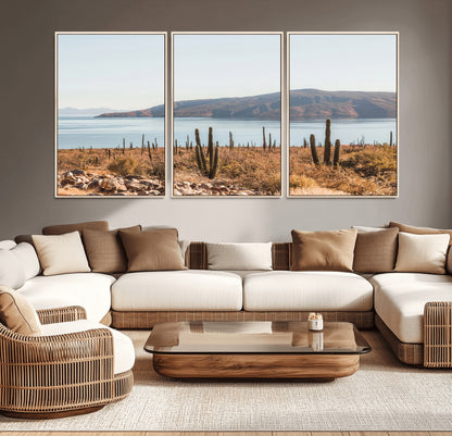 Warm desert landscape with cacti and coastal mountains, perfect for southwestern or earthy calm-themed home wall decor.
