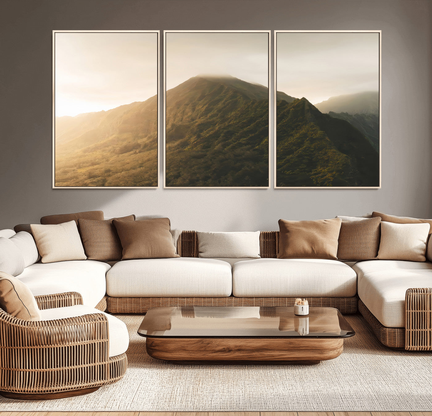 Sunlit mountain peak with mist rolling over its rugged slopes, bathed in golden light, creating a warm and tranquil nature-inspired scene.