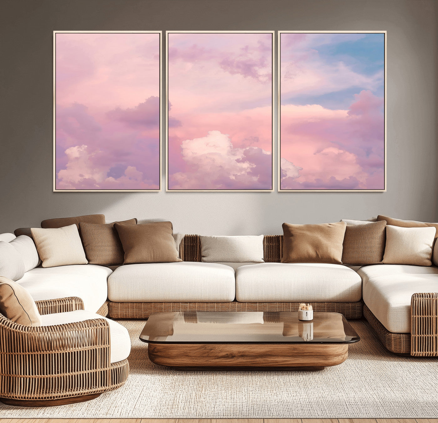 Soft pastel-colored clouds in shades of pink, purple, and blue, creating a dreamy and serene sky perfect for a calming decor touch.